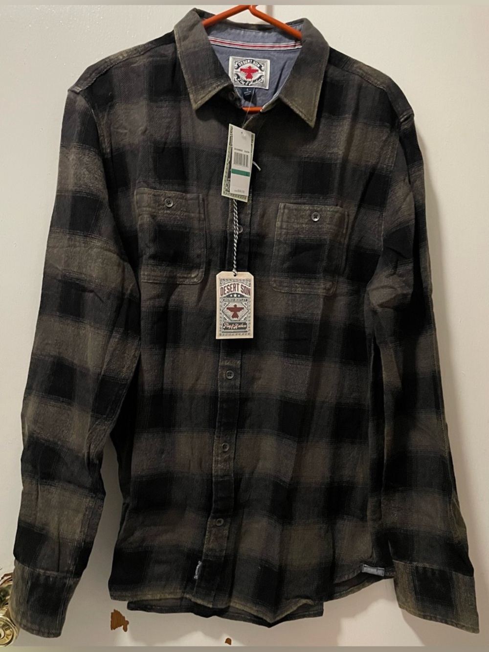 Flag & Anthem Men’s Black Charcoal Olive Plaid Button Up Long Sleeve Shirt Large